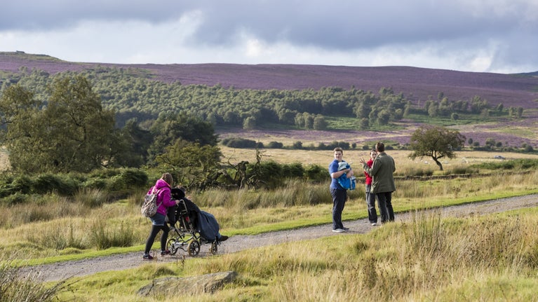 Three people stood talking in a group with two other people travelling towards them. One of the people is walking and the other is in a wheelchair. There are views of the rural landscape including patches of purple heather on the moorland in the distance.